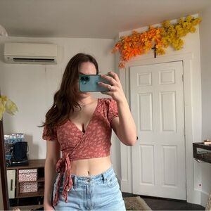 American Eagle Outfitters Pink Floral Wrap Crop Top